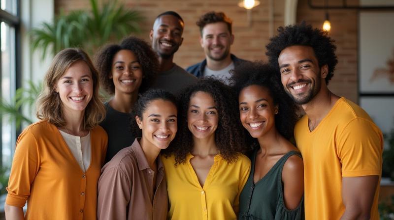 Team photo of Foco Criativo Estúdio members smiling together in their creative studio space, suggesting collaboration and passion.