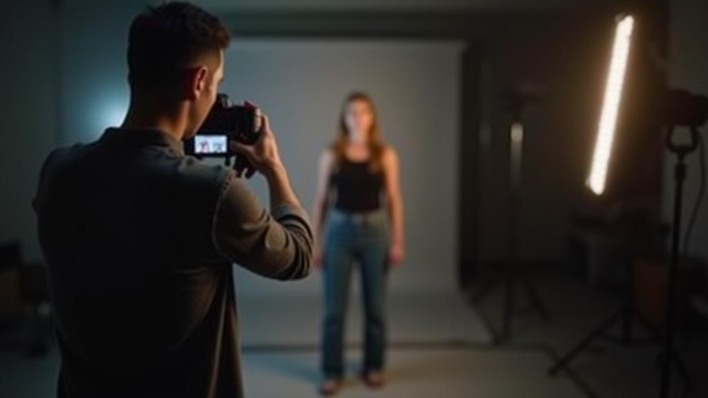 Professional photographer taking a portrait in a studio, low depth of field