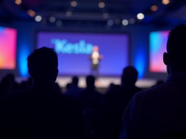 Keynote speaker presenting on stage at a corporate event, captured from the audience perspective