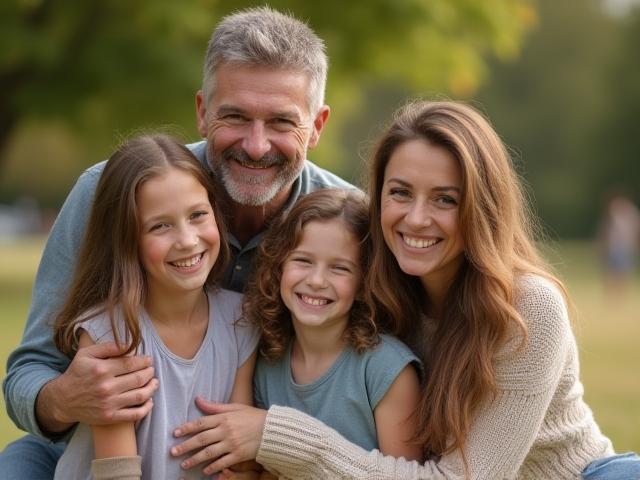 Happy family smiling together in an outdoor park setting, capturing a joyful moment
