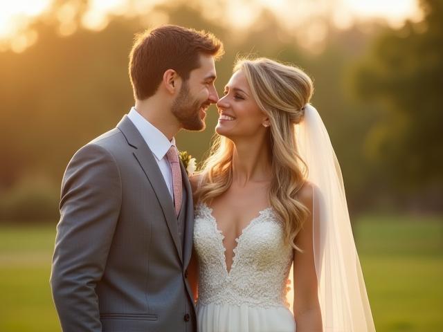 Beautiful shot of a wedding couple smiling affectionately outdoors