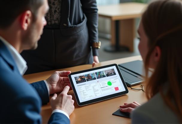 People discussing a photography project plan on a tablet, showing collaboration