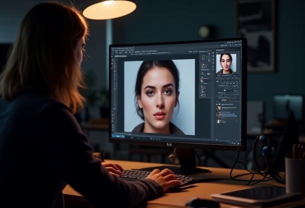 Graphic designer working on photo retouching on a computer screen, showing post-production phase