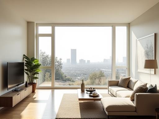 Bright and modern living room interior with large windows, professionally photographed