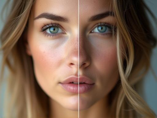 Split view showing a photo before and after professional retouching, highlighting improvements