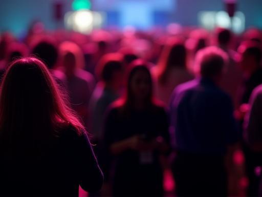 Crowd of people networking at a lively corporate event, captured with dynamic perspective