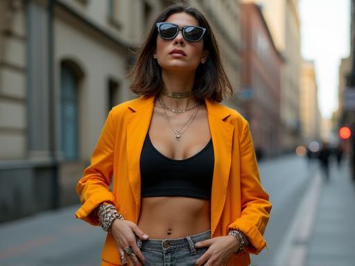 Fashion model posing in stylish clothing in an urban setting with creative composition