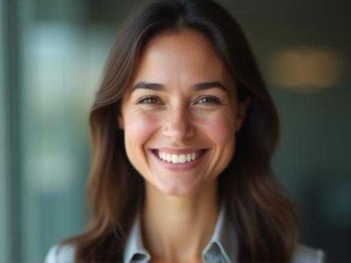 Close-up portrait of a smiling professional woman with soft lighting