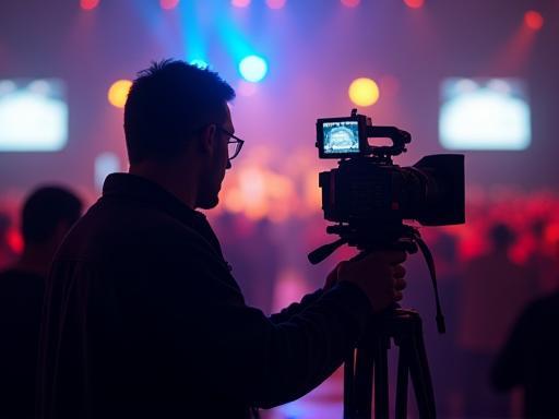 Videographer filming an event with a professional camera and tripod
