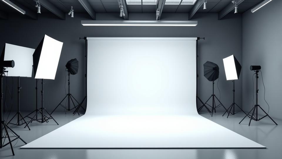Interior view of the Foco Criativo Estúdio photography studio, showcasing lighting equipment and backdrop setup